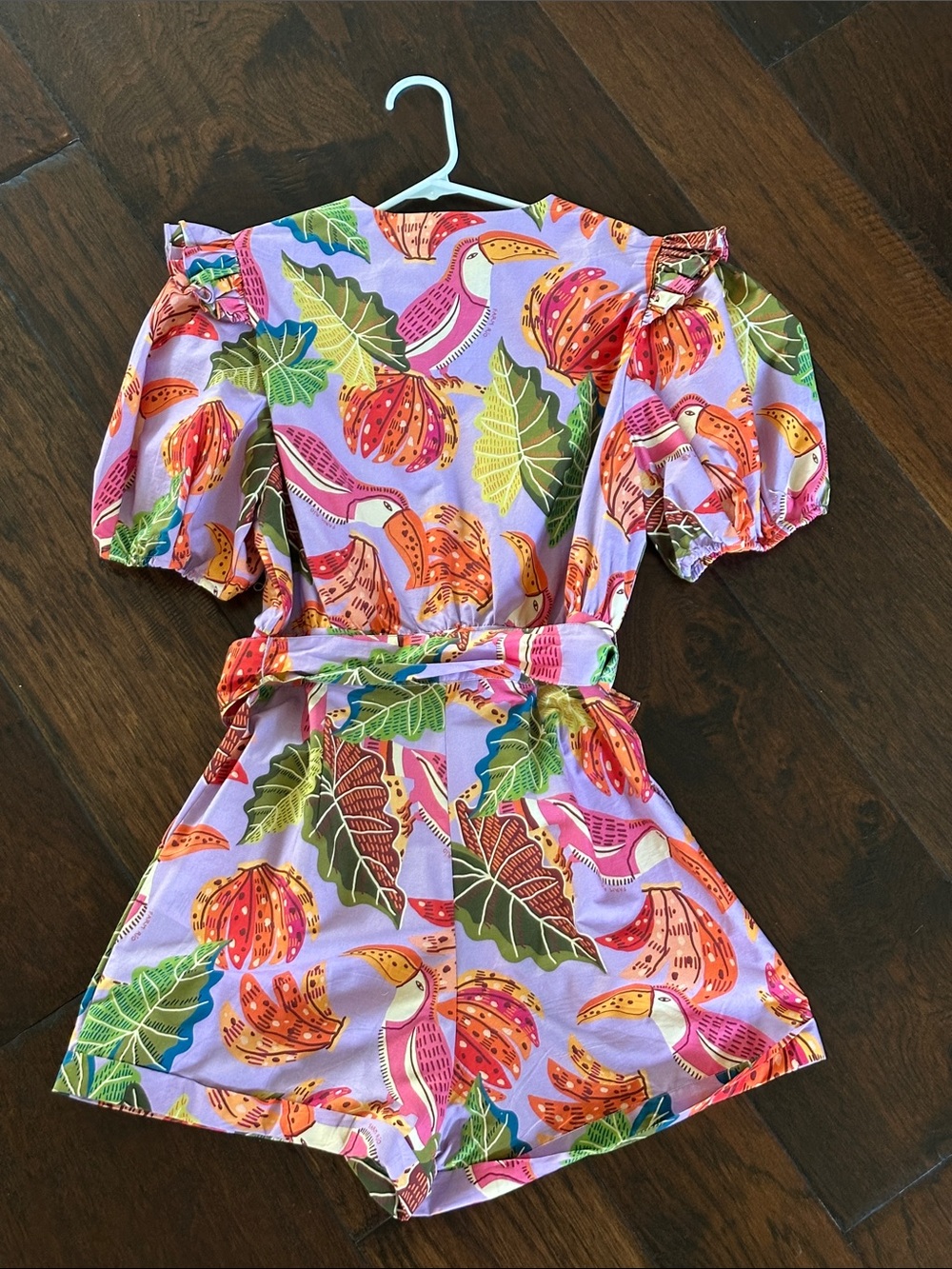 Farm Rio Colorful Tropical Print Belted Romper - Lavender Base - Picture 5 of 5
